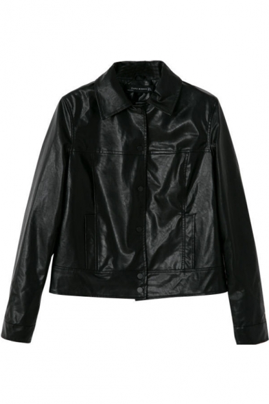Black Button Fly PU Jacket with Lapel