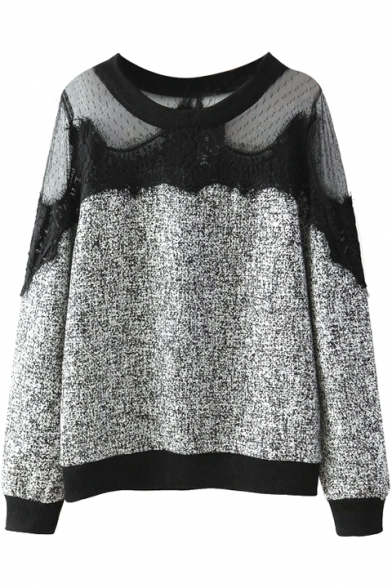Black Illusion Lace Shoulder Insert Gray Long Sleeve Round Neck Sweatshirt