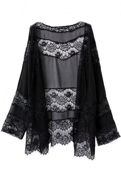 Black Sexy Lace Insert Style Midi Kimono