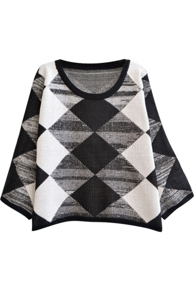 Black&White&Gray Color Block Argyle Pattern Batwing Sleeve Round Neck Sweater