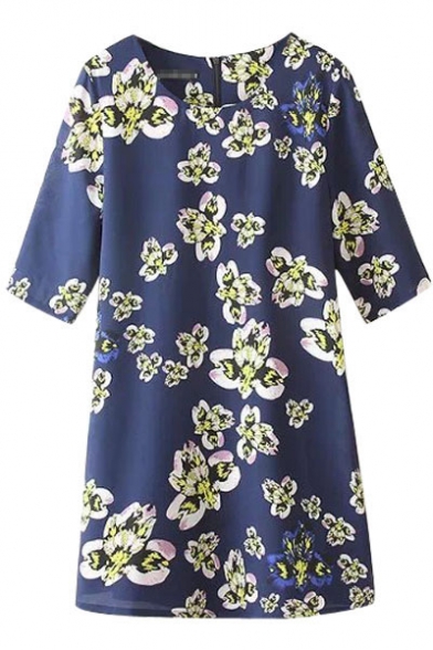 Blue Background White Floral Print Round Neck 1/2 Sleeve Dress with Zip Back