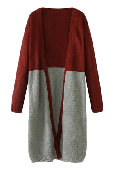 Concise Color Block Long Sleeve Longline Knitted Cardigan