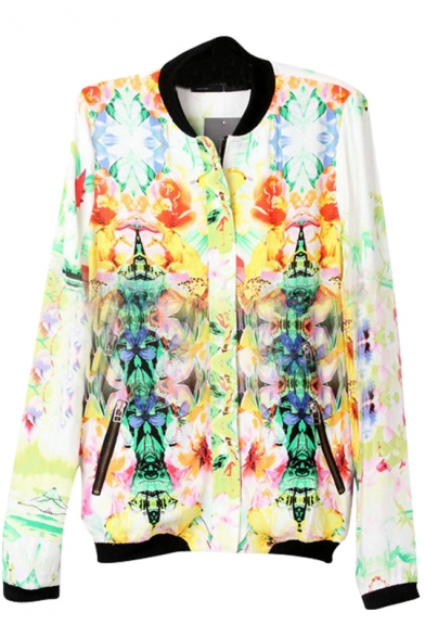 Floral Print Stand-Up Collar Zippered Pockets Long Sleeve Jacket