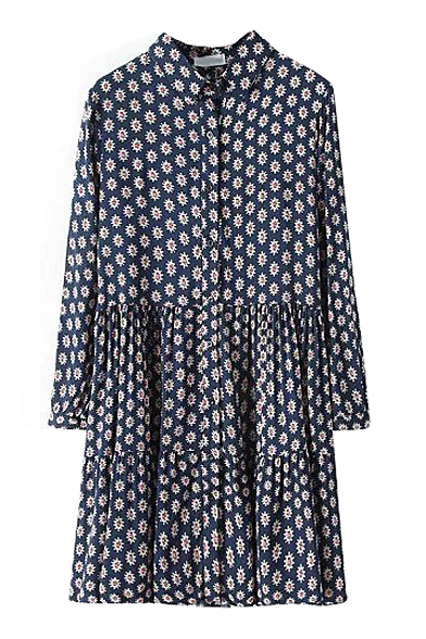 Lapel Sun Flower Print Long Sleeve Pleated Dress with Button Details