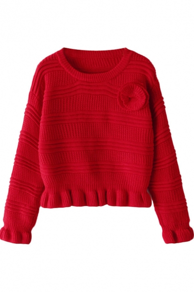 Plain Chunky Knit and 3D Pedal Applique Long Sleeve Cropped Sweater with Draped Hem