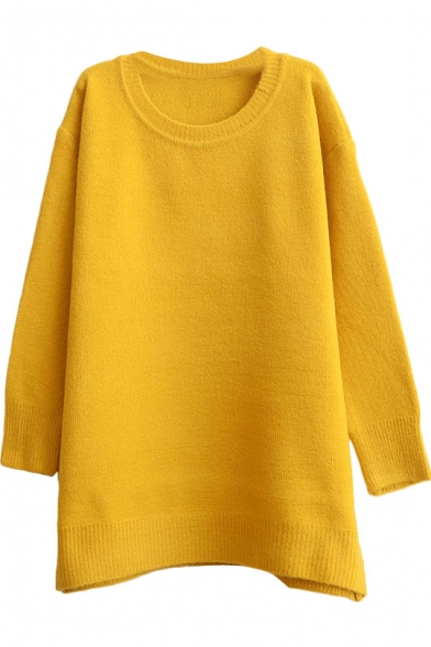 Plain Soft Round Neck Loose Long Sleeve Tunic Sweater with Round Neck