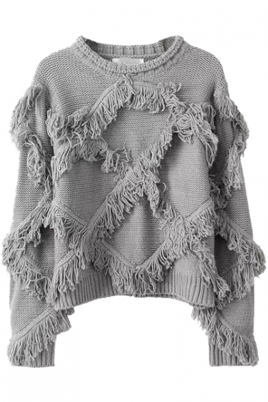 Plain Vintage Tassel Detail Cropped Sweater with Round Neck