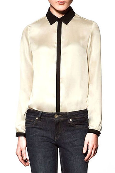 Point Collar Long Sleeve Loose Shirt with Contrast Trim