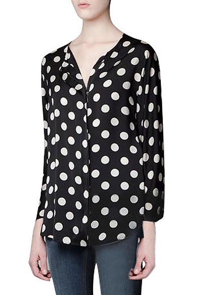 Polka Dot Print Long Sleeve Zip Fly Shirt with Side Split