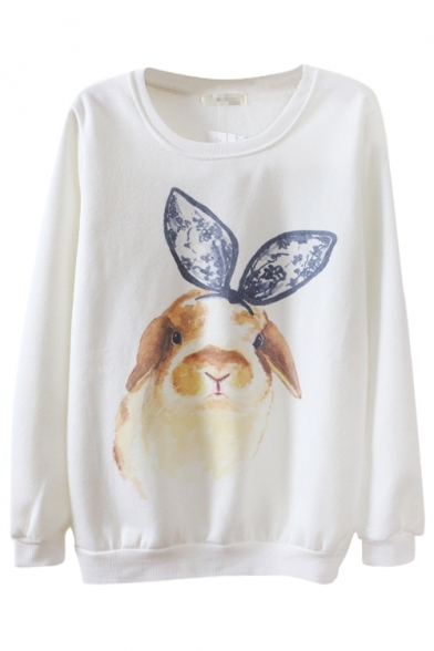 Round Neck Cartoon Rabbit with Lace Headwear Print Long Sleeve Sweatshirt