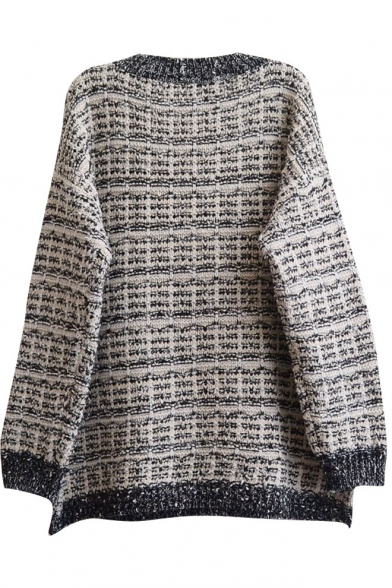 Rural Color Mix Style Round Neck Long Sleeve Loose Sweater