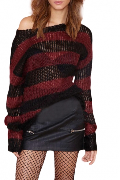 Stripe Chunky Knit Boat Neck Long Sleeve Sweater