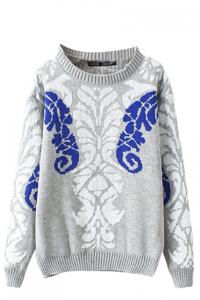Totem Pattern Long Sleeve Sweater with Round Neckline