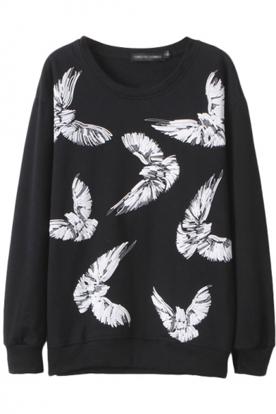 Black Flying Bird Print Round Neck Long Sleeve Sweatshirt