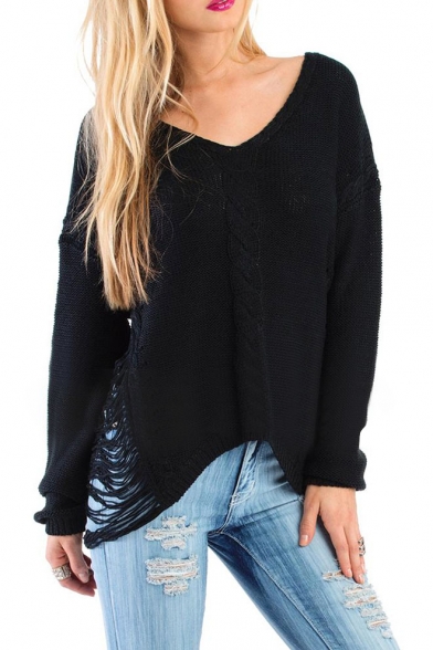 Black Shredded Side Cable Knit V-Neck High Low Hem Sweater ...