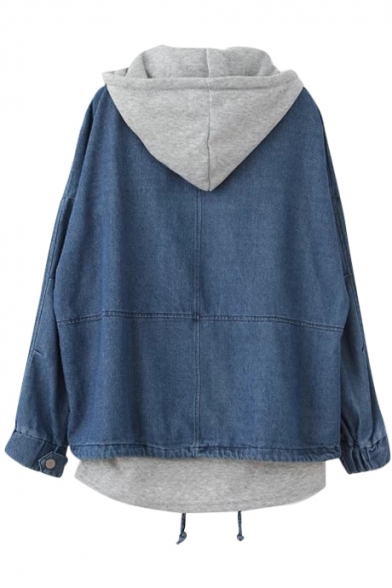 Blue Two Piece In One Hooded Drawstring Single-Breast Denim Coat with ...