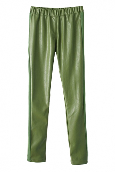 Elastic Waist Metallic Plain PU Skinny Pants with Cloth Panel