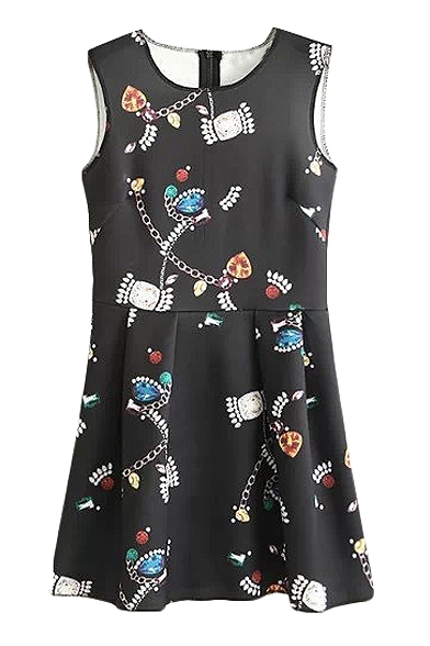 Fashionable Cartoon and Floral Print Round Neck Tank Dress with Draped Hem