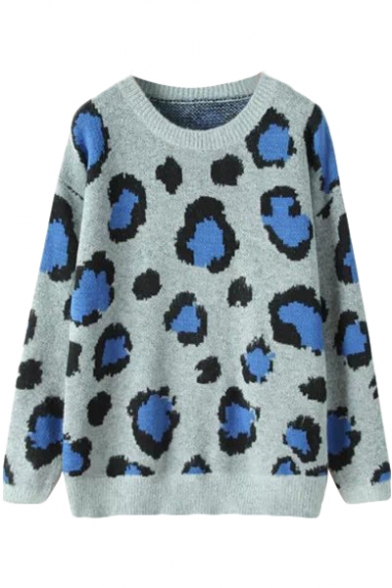 Gray Leopard Print Round Neck Sherpa Long Sleeve Sweater