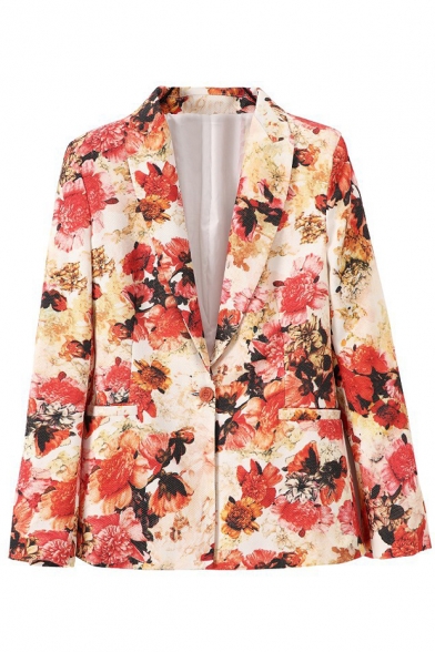 Lapel Vintage Red Floral Print Blazer with Single Button