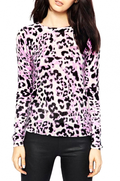 Light Purple Leopard Print Round Neck Long Sleeve Fitted Sweater