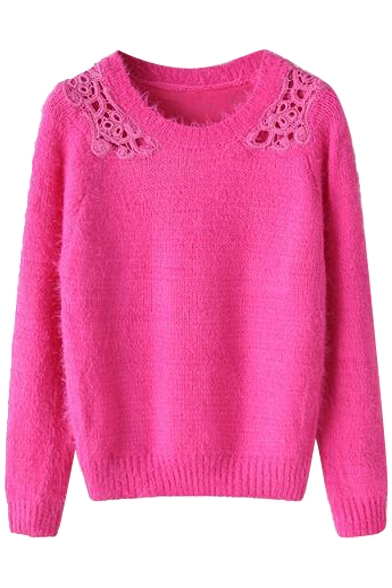 Plain Crochet Insert Long Sleeve Raglan Sleeve Sweater