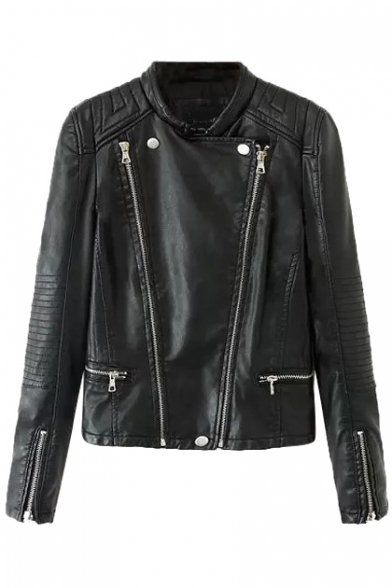 Plain Double Zipper Fly Long Sleeve PU Motorcycle Jacket with Quilted Detail