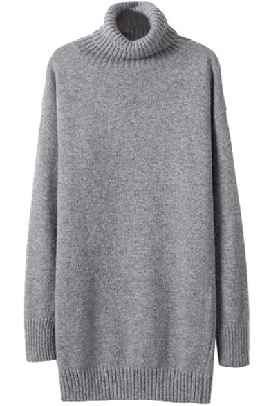 Plain Fitted Turtleneck Tunic Sweater with Long Sleeve