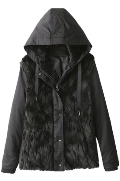 Plain Fur Panel Zipper Fly Long Sleeve Cotton Added Coat with Drawstring Hood