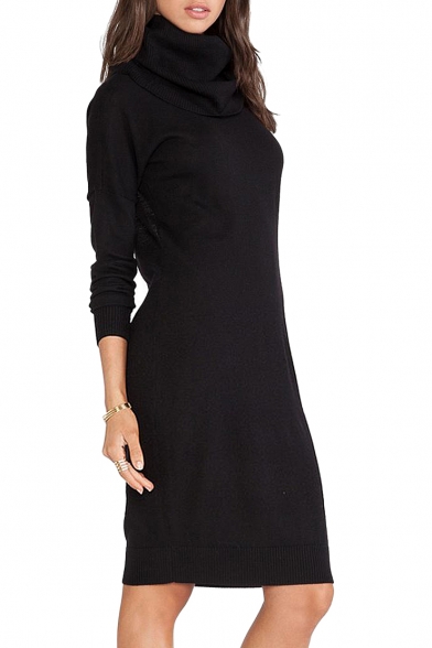 Plain High Neck Long Sleeve Knitted Dress with Open Back