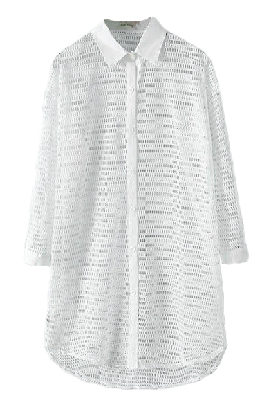Plain Mesh Cutout Style Long Sleeve Longline High-low Hem Shirt