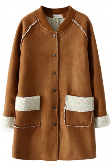 Plain Raglan Sleeve Single-Breast Pockets Sherpa Coat