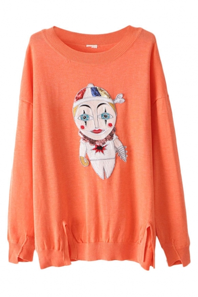 Sequined Clown Embellished Long Sleeve Sweater with Round Neckline and Split Front