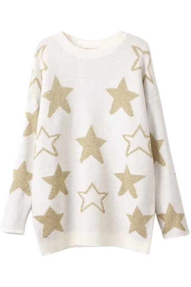 Stars Jacquard Round Neck Long Sleeve Tunic Sweater