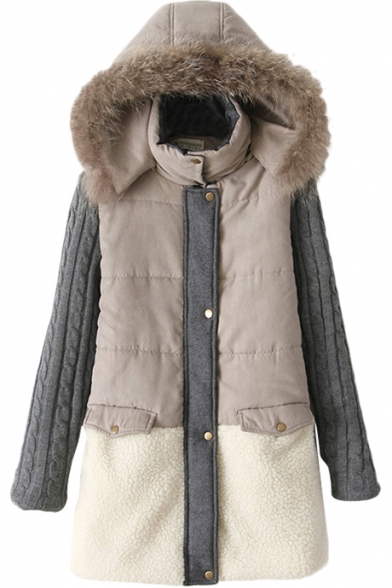 Color Block Suede Knitted Sleeve Panel Zip Fly Coat with Fluffy Hood