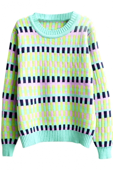 Colorful Plaid Jacquard Round Neck Long Sleeve Sweater