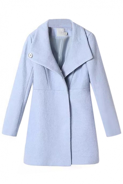 Concise Light Blue Hidden Buttoned Wool Coat with Oversized Lapel ...