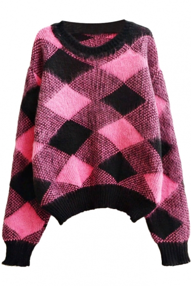 Dipped Hem Round Neck Batwing Sleeve Argyle Pattern Soft Mohair Sweater