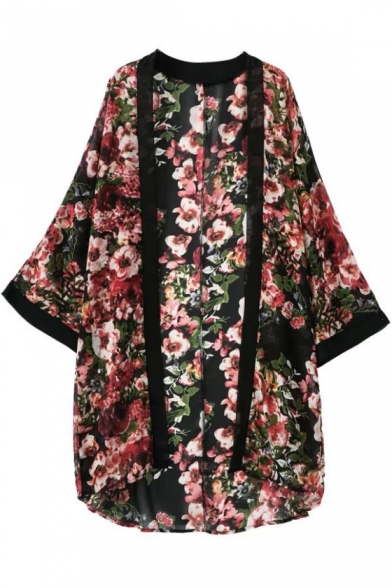 Floral Print Batwing Open Front Chiffon Tunic Kimono Coat