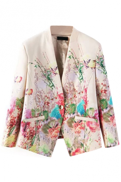 Floral Print Collarless Single Button Blazer with Double Pocket