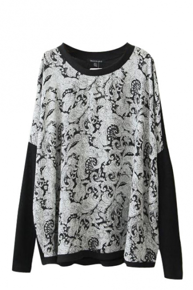 Gray Baroque Pattern Long Sleeve Sweater with Round Neckline