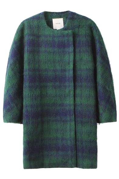 Green Plaid Print Round Neck Long Sleeve Open Front Mohair Woolen Coat