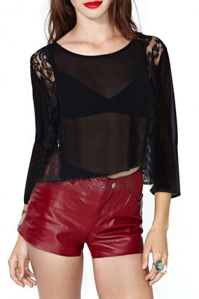 Lace Inserted Sheer 3/4 Sleeve Cutout Crop Top with Tie Back