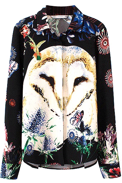 Owl and Butterfly Print Long Sleeve Lapel Shirt