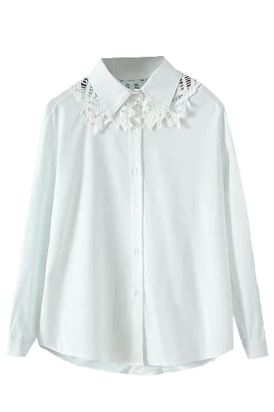 Plain Point Collar Long Sleeve Shirt with Lace Inserted Sheer Back