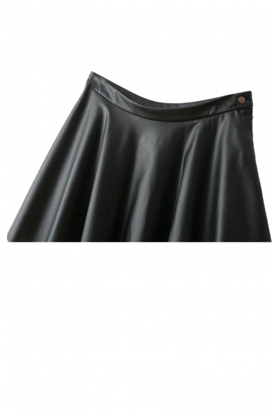 Plain PU Zipper Fly Side Pleated Flare Skirt