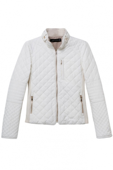 Plain Stand Collar Oblique Zip Fly Long Sleeve Woolen Coat