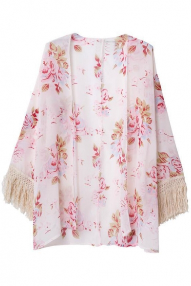 Red Floral Print Open Front Loose Kimono with Tassel Trimmed Sleeve