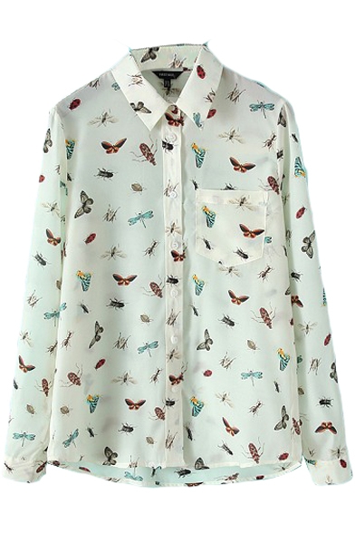 White Colorful Insect Print Lapel Pockets Single Breast Blouse