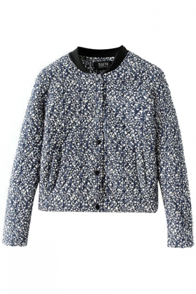 White Floral Print Stand Collar Single-Breast Cropped Coat